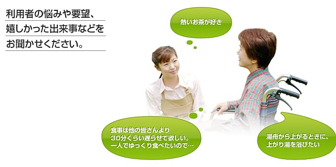 利用者の悩みや要望、嬉しかった出来事などをお聞かせ下さい。